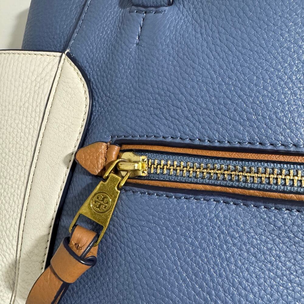 Tory Burch Frances Satchel Pebbled Leather Blue White Brown Colorblock Tote - Picture 4 of 13